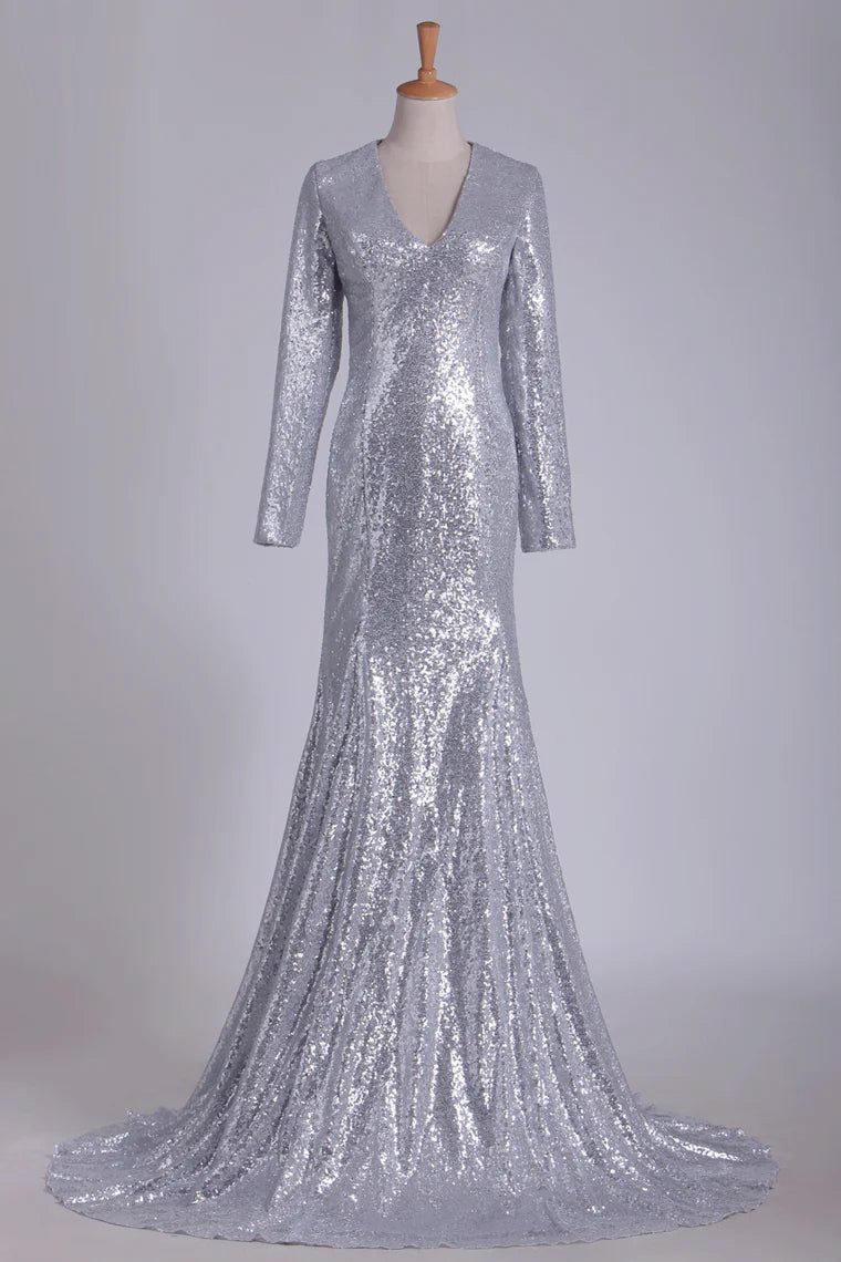 V Neck Sequins Party Dresses Sweep Train